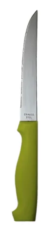 steak knife: a table knife with a sharp, narrow, and often serrated blade designed for cutting tougher foods...