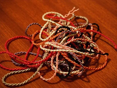 string: a long, thin and flexible structure made from threads twisted together