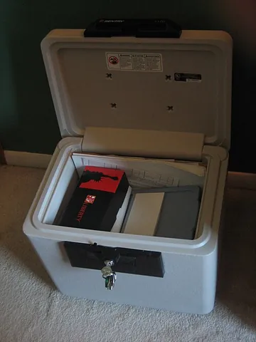 strongbox: a sturdy box with a lock, for storing valuables