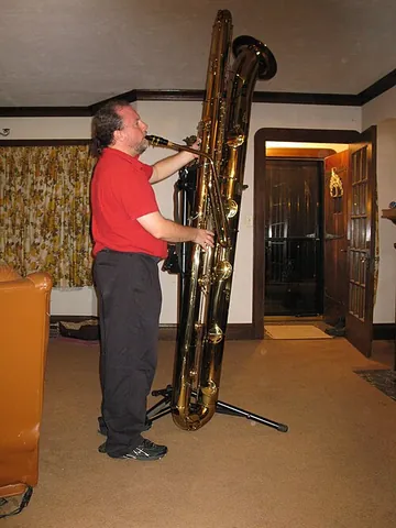 subcontrabass saxophone: the largest member of the saxophone family of woodwind instruments, one size larger than the...