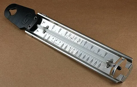 sugar thermometer: a thermometer used to measure the temperature of heated sugar syrup during the preparation of...