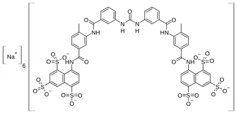 suramin sodium: a synthetic compound C₅₁H₃₄N₆Na₆O₂₃S₆ derived from urea, obtained as a white powder and...