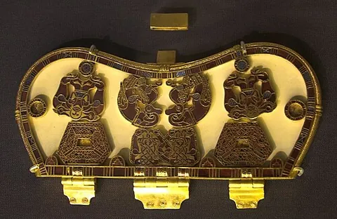 sutton hoo purse-lid: a metal lid, found in Suffolk, England, which functioned (probably with a plate behind it) as the...