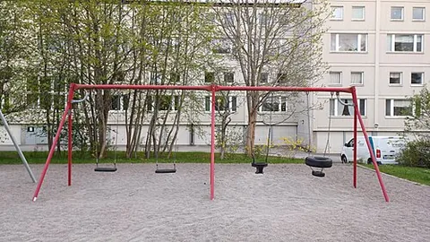 swingset: a set of swings (hanging seats for children) attached to a frame