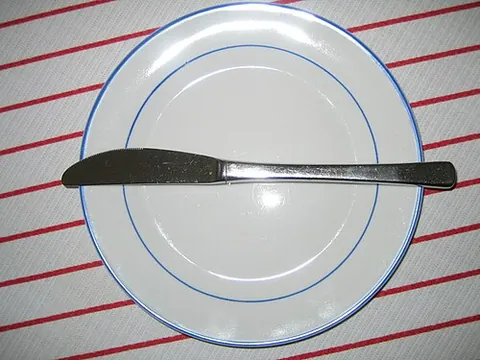 table knife: a type of knife used to cut cooked and prepared food and to spread condiments, with a single...