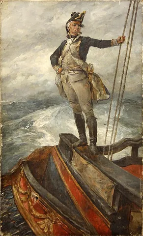 taffrail: the curved wooden top of the stern of a sailing man-of-war or East Indiaman, usually carved or...