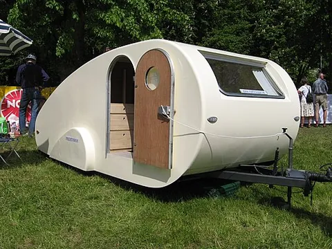 teardrop trailer: a compact, lightweight trailer for travel, having a teardrop-shaped profile
