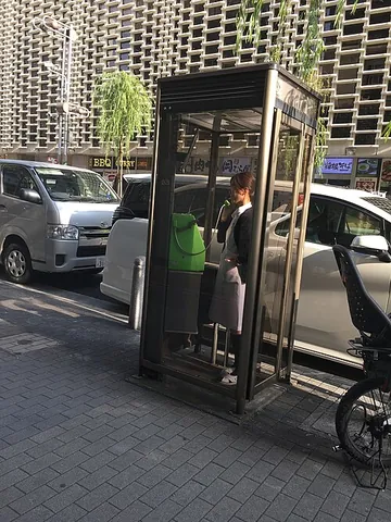 telephone booth: a small enclosure housing a public telephone