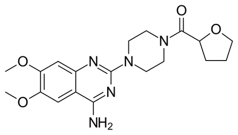 terazosin: a drug taken orally in the form of its hydrated hydrochloride C₁₉H₂₅N₅O₄·HCl·2H₂O in the treatment...