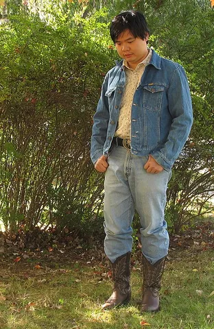texan tuxedo: an outfit comprising a matching denim jacket and jeans, often worn with cowboy boots and sometimes...