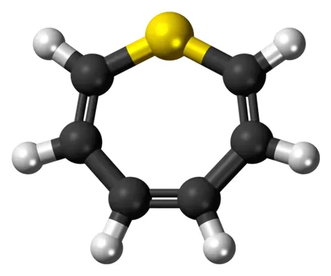 thiepine: an unsaturated seven-membered heterocycle having six carbon atoms, one sulfur atom and three double...