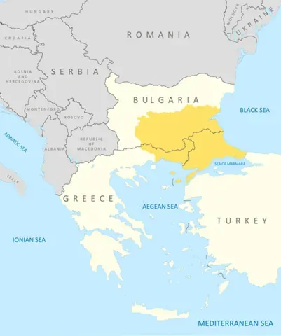 thrace: a historical region of Southeastern Europe, now divided between Greece, Bulgaria and Turkey