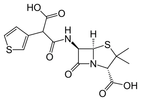 ticarcillin: a semisynthetic antibiotic used especially in the form of its disodium salt C₁₅H₁₄N₂Na₂O₆S₂