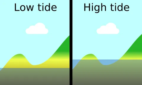 tidal island: a piece of land that is connected to the mainland at low tide but separated at high tide