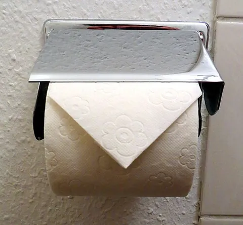 toilegami: the practice of folding the first available sheet on a roll of toilet paper, done in hotels to...