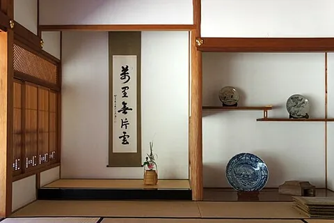tokonoma: a recess in a domestic interior in which things are displayed, such as kakemono (hanging scrolls)...