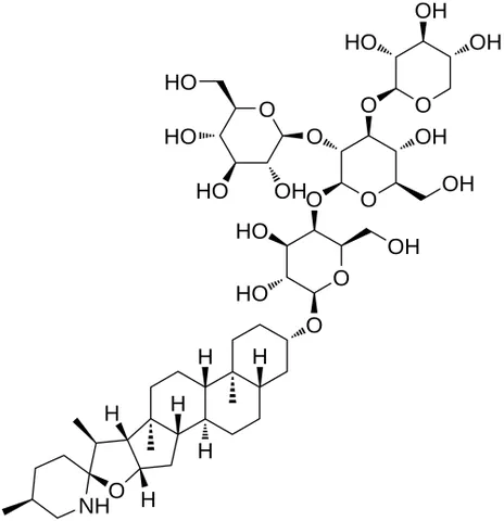 tomatine: a toxic glycoalkaloid with fungicidal properties, found in the stems and leaves of tomato plants