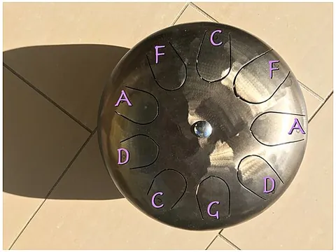 tongue drum: a drum made from an otherwise closed steel container with cuts made into the top in the shape of...