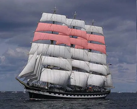 topgallant sail: square-rigged sail immediately above topsail -- sometimes divided in two