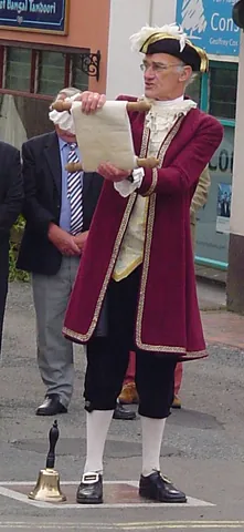 town crier: a person who is employed by a town council to make public announcements in the streets