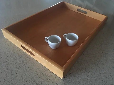 tray: a small, typically rectangular or round, flat, and rigid object upon which things are carried