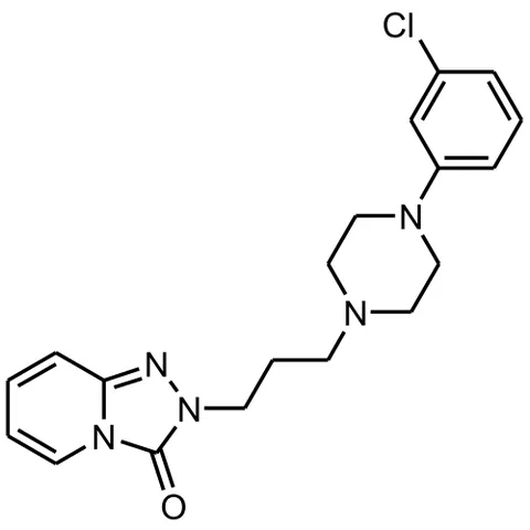 trazodone: an antidepressant drug C₁₉H₂₂ClN₅O, administered in the form of its hydrochloride