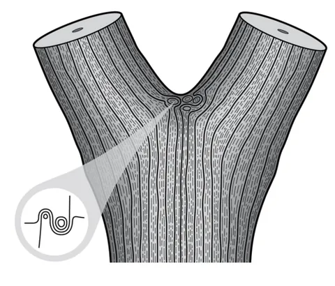 tree fork: a bifurcation in the trunk of a tree giving rise to two roughly equal diameter branches