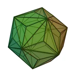 triakis icosahedron: a Catalan solid with 60 isosceles triangle faces, 90 edges and 32 vertices, being the dual of the...