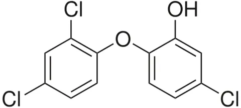 triclosan: a widely used wide-spectrum antibacterial and antifungal agent, with molecular formula C₁₂H₇Cl₃O₂,...