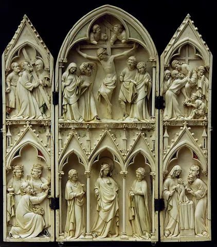 triptych: a picture or series of pictures painted on three tablets connected by hinges