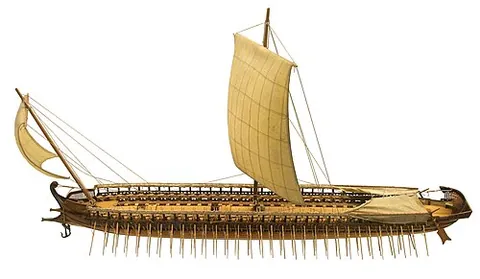 trireme: a galley with three banks of oars, one above the other, used mainly as a warship