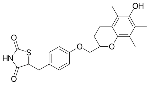 troglitazone: a thiazolidinedione derivative C₂₄H₂₇NO₅S formerly used to treat type 2 diabetes but now withdrawn...