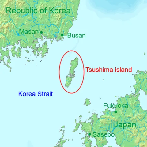 tsushima: an island of Nagasaki, Japan, between the Home Islands and Korea, now divided by early modern canals