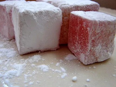 turkish delight: a soft, sticky confection made from starch and sugar with various flavourings