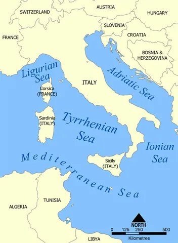 tyrrhenian sea: a part of the Mediterranean Sea off the western coast of Italy, bounded by Corsica and Sardinia...