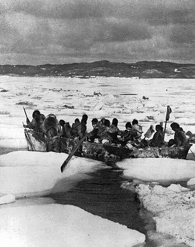 umiak: a large, open boat made of skins stretched over a wooden frame that is propelled by paddles; used...