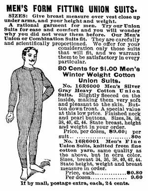 union suit: one-piece underwear, usually long, combining drawers and long-sleeved, button-front undershirt in a...