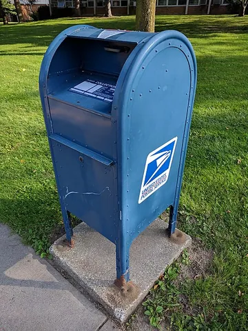 usps blue box: synonym of mailbox; a designated box for outgoing mail found at post offices and on street corners