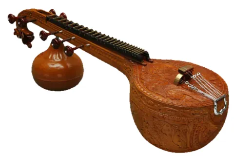 veena: a plucked stringed instrument with five or seven steel strings stretched on a long fretted...