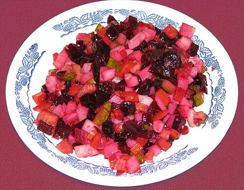 vinegret: a type of Russian salad with diced cooked vegetables (red beets, potatoes, carrots), chopped...