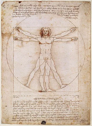 vitruvian man: a drawing of human anatomy created by Leonardo da Vinci around the year 1487, or a representation...