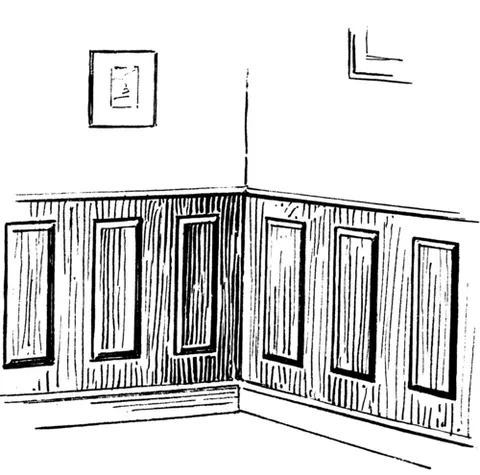 wainscot: an area of wooden (especially oaken) panelling on the lower part of a room’s walls