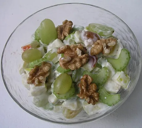 waldorf salad: a type of salad, consisting of apple, nuts (especially walnuts), celery, and mayonnaise or a...