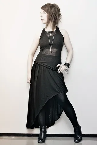 waterfall skirt: a skirt that is longer on one side than the other