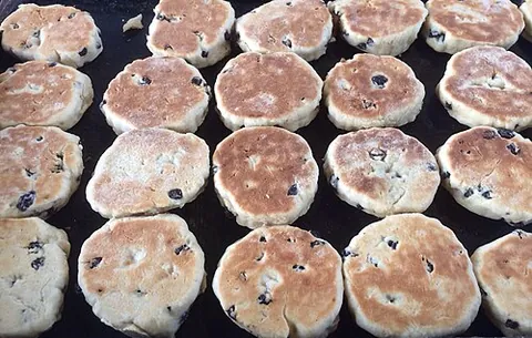 welsh cake: a traditional sweet griddle-baked Welsh flatbread with dried fruit and sometimes spices