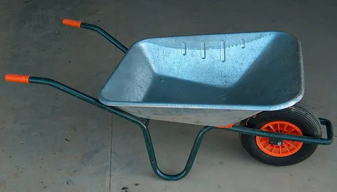 wheelbarrow: a small, one-wheeled (or rarely, two-wheeled) cart with handles at one end for transporting small...