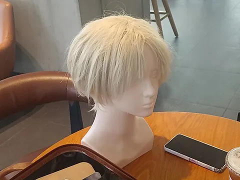 wig head: a stand for a wig, shaped roughly like a head