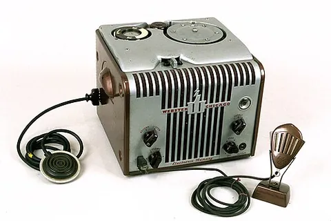 wire recorder: a device for analogue audio storage made magnetically onto fine steel or stainless steel wire,...