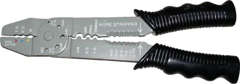 wire stripper: a small, hand-held device used to strip the electrical insulation from electric wires