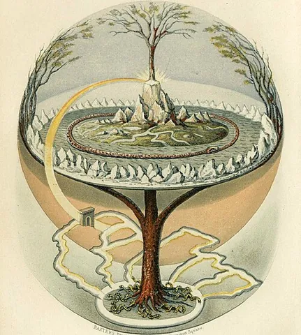 yggdrasil: an immense ash tree that is central in Norse cosmology, believed to connect the nine worlds